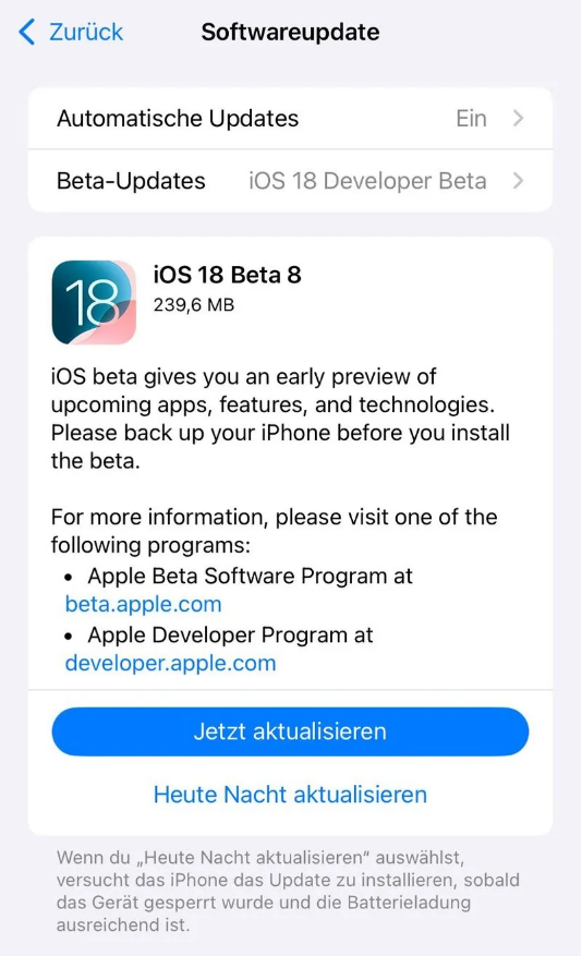 屏边苹果手机维修分享苹果 iOS / iPadOS 18 开发者预览版 Beta 8 发布 